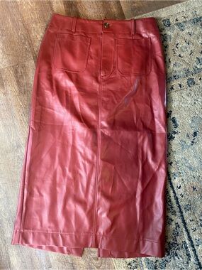 Maeve Free People Vegan Leather Red Burgundy MIDI Skirt XL Faux Womens Chic